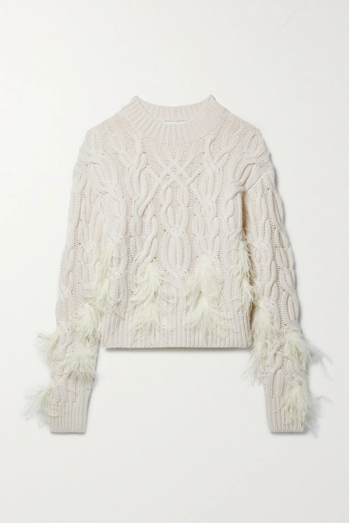 Feather-trimmed Cable-knit Wool And Cashmere-blend Sweater - Cream