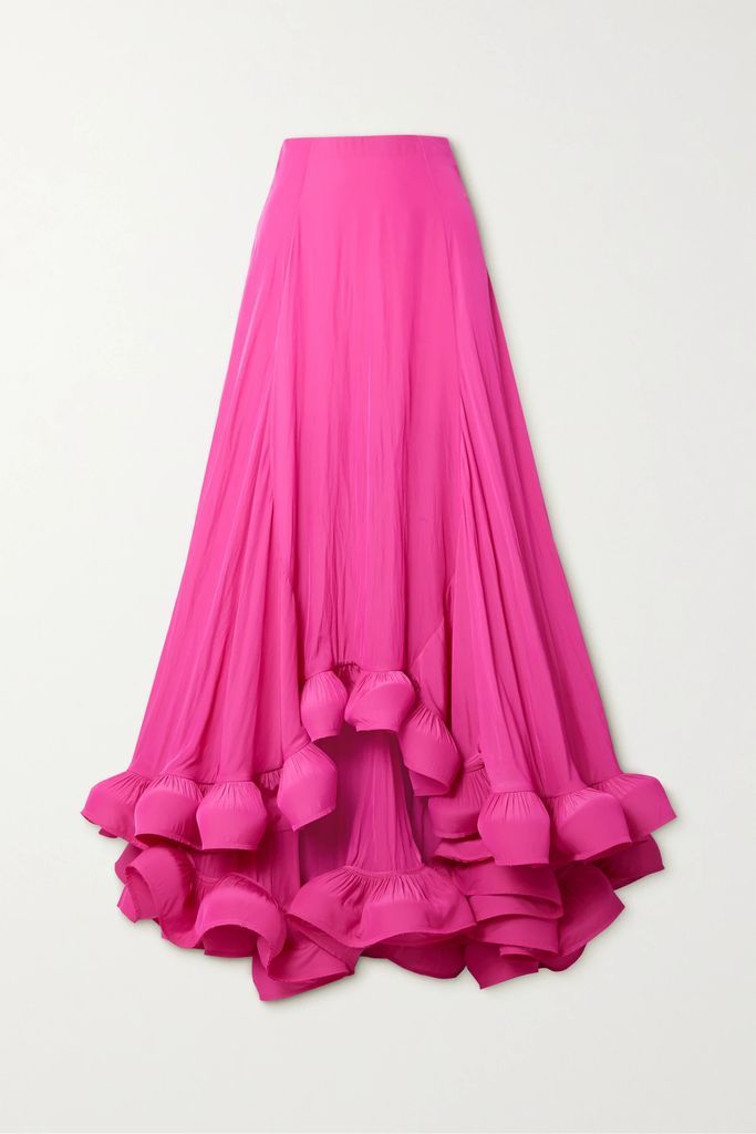 Asymmetric Ruffled Charmeuse Maxi Skirt - Pink