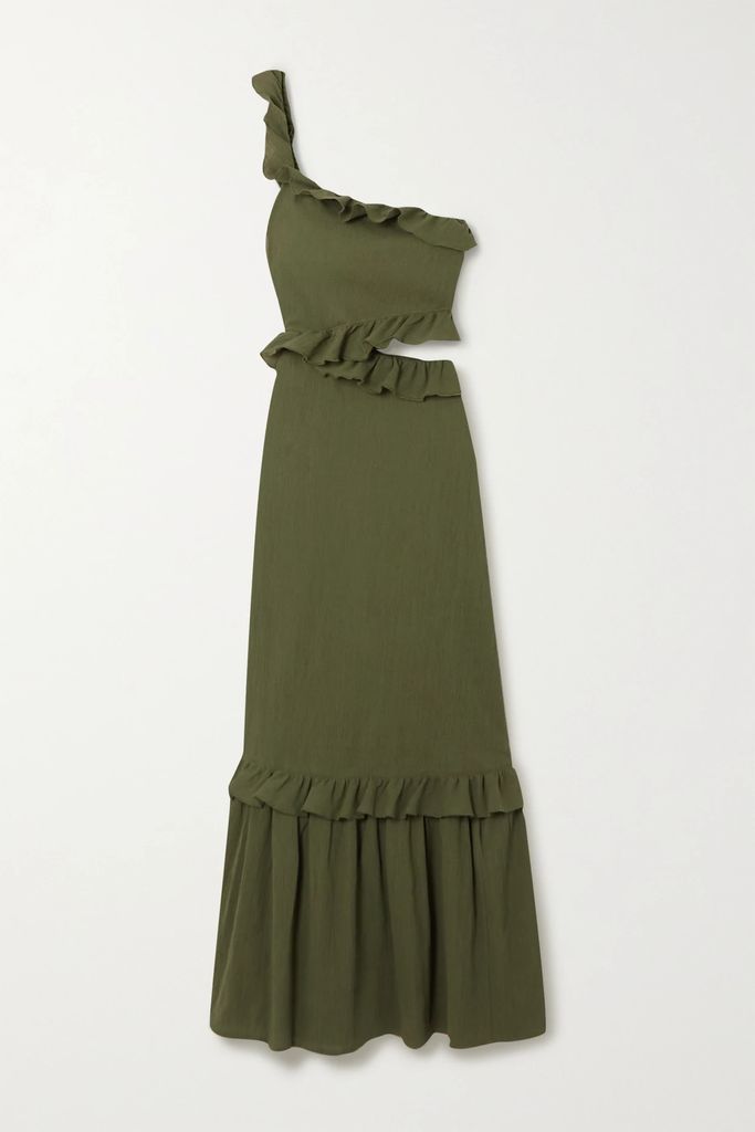 + Net Sustain One-shoulder Ruffled Organic Cotton Dress - Dark green