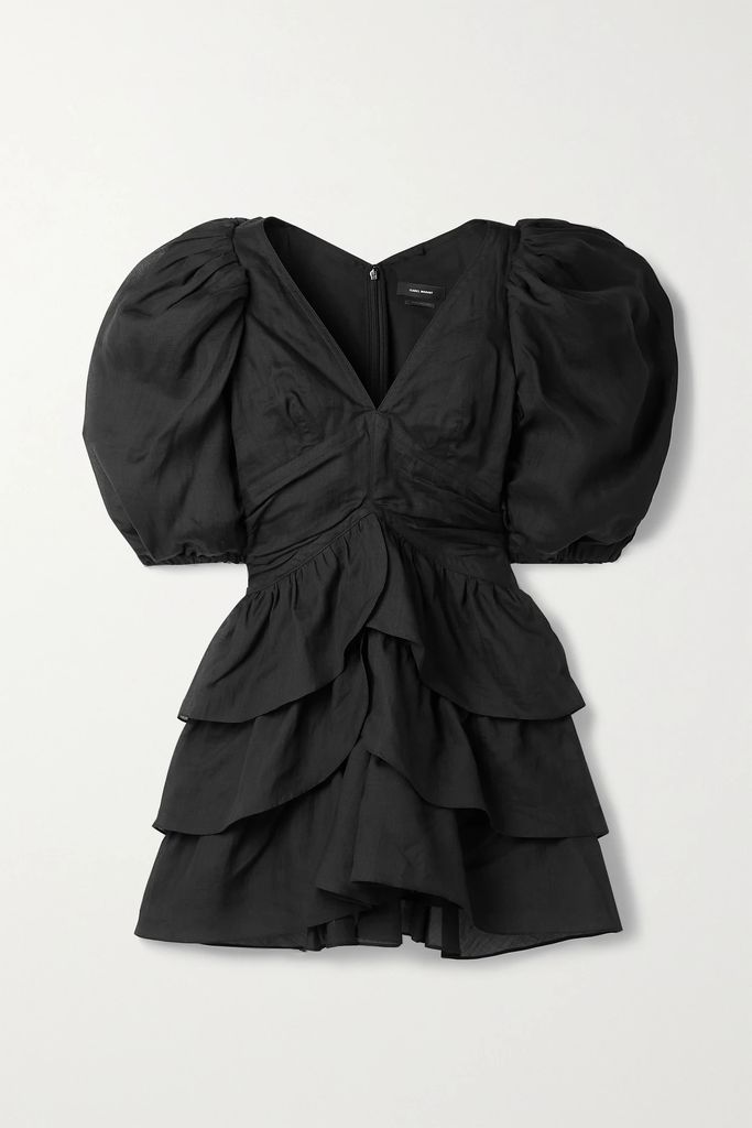 Jaekia Tiered Ramie Mini Dress - Black