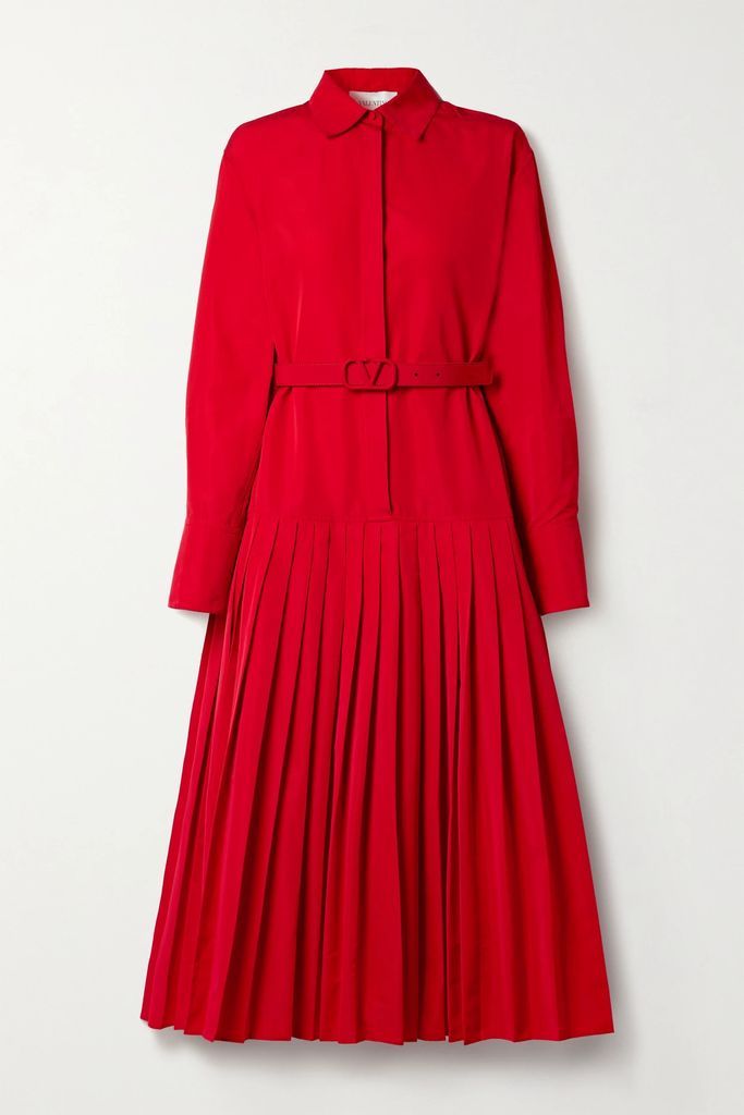 Belted Pleated Cotton-blend Faille Midi Shirt Dress - Red