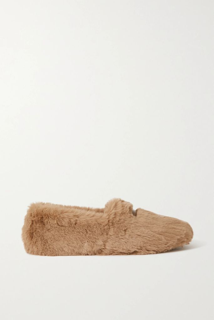 Faux Leather-trimmed Faux Fur Slippers - Beige