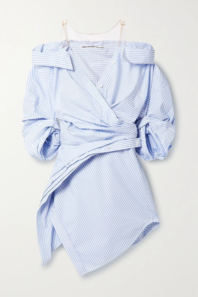 Cold-shoulder Mesh-trimmed Striped Cotton-blend Poplin Mini Shirt Dress - Light blue