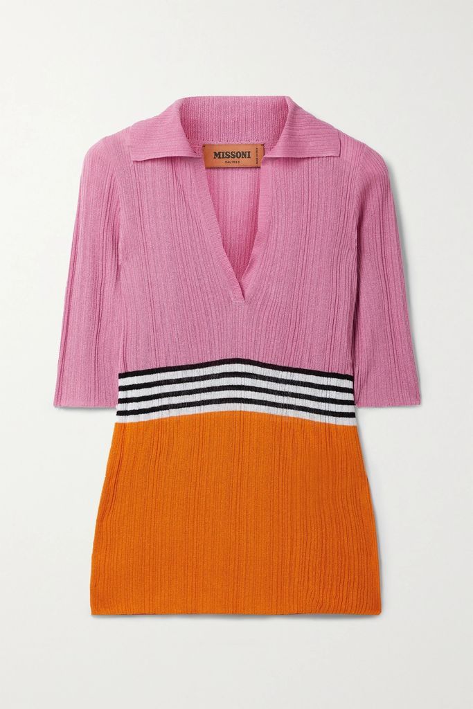 Striped Ribbed Crochet-knit Top - Pink
