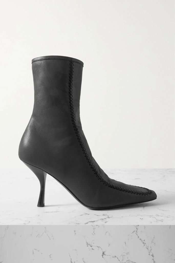 Romy Topstitched Leather Ankle Boots - Black