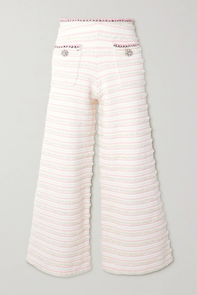 Embellished Striped Knitted Wide-leg Pants - Ivory