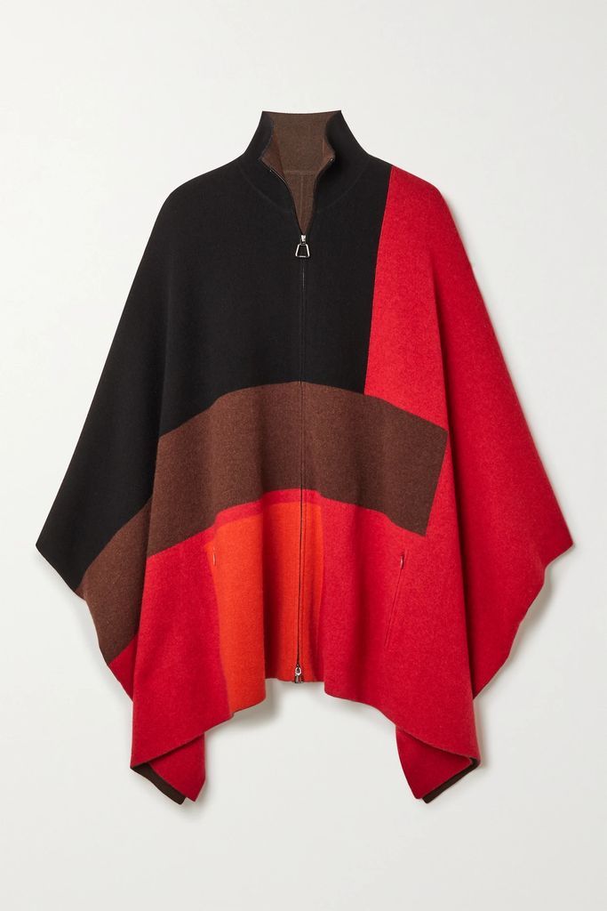 Reversible Color-block Cashmere Poncho - Red
