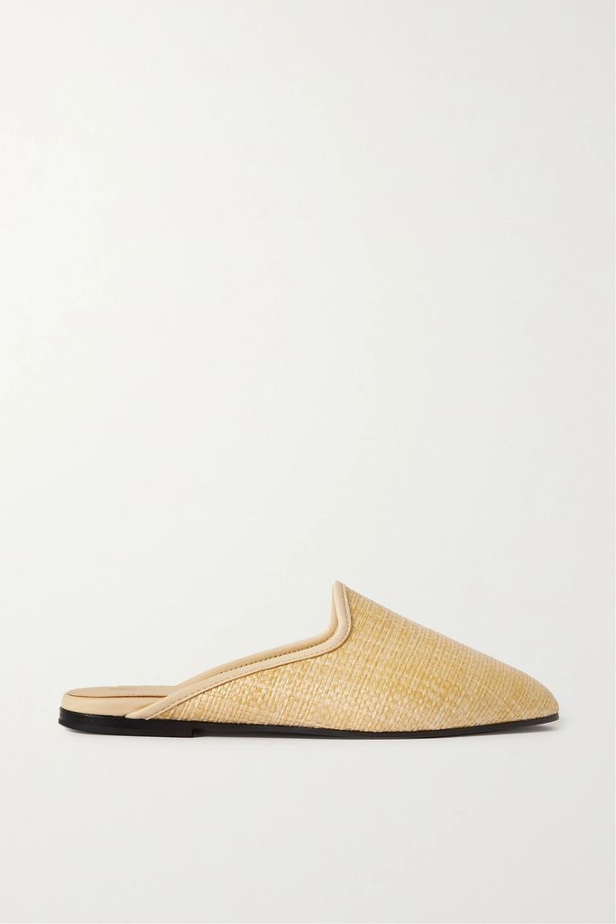 Leather-trimmed Raffia Slippers - Beige