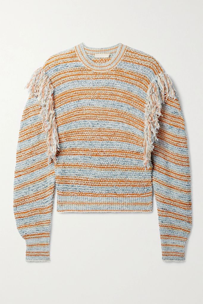 Arquette Fringed Striped Cotton-blend Sweater - Light blue
