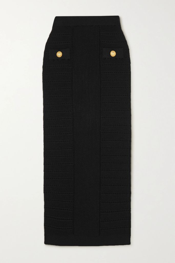Button-embellished Ribbed-knit Midi Skirt - Black