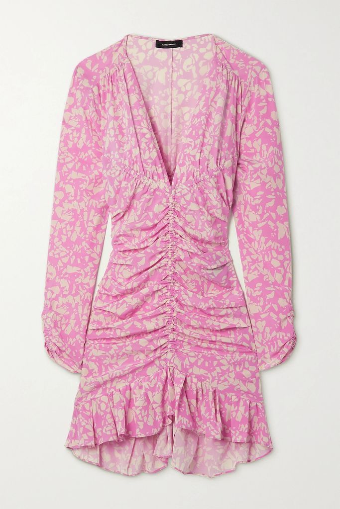 Lara Ruched Printed Stretch-silk Mini Dress - Pink