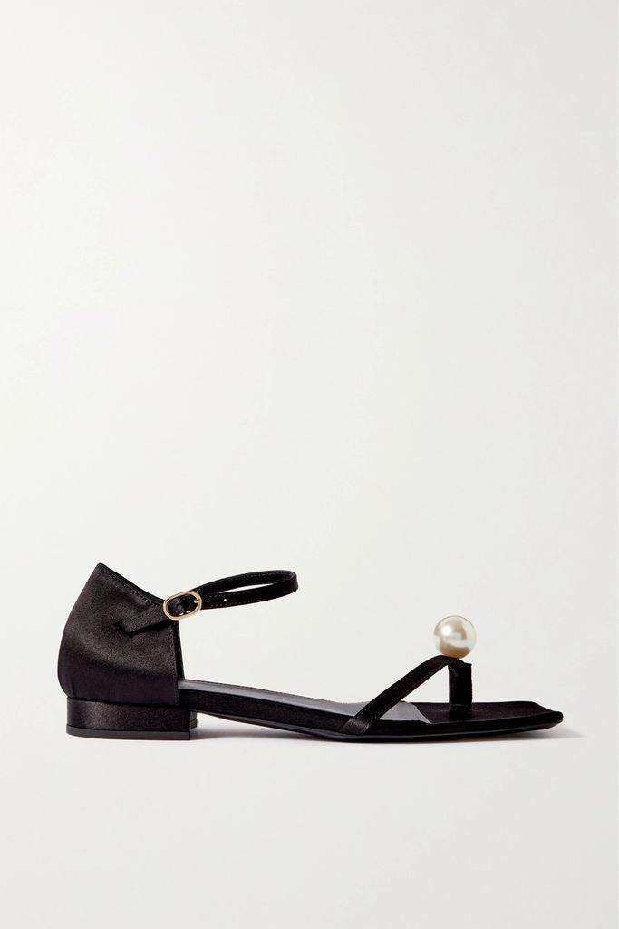 Faux Pearl-embellished Satin Sandals - Black