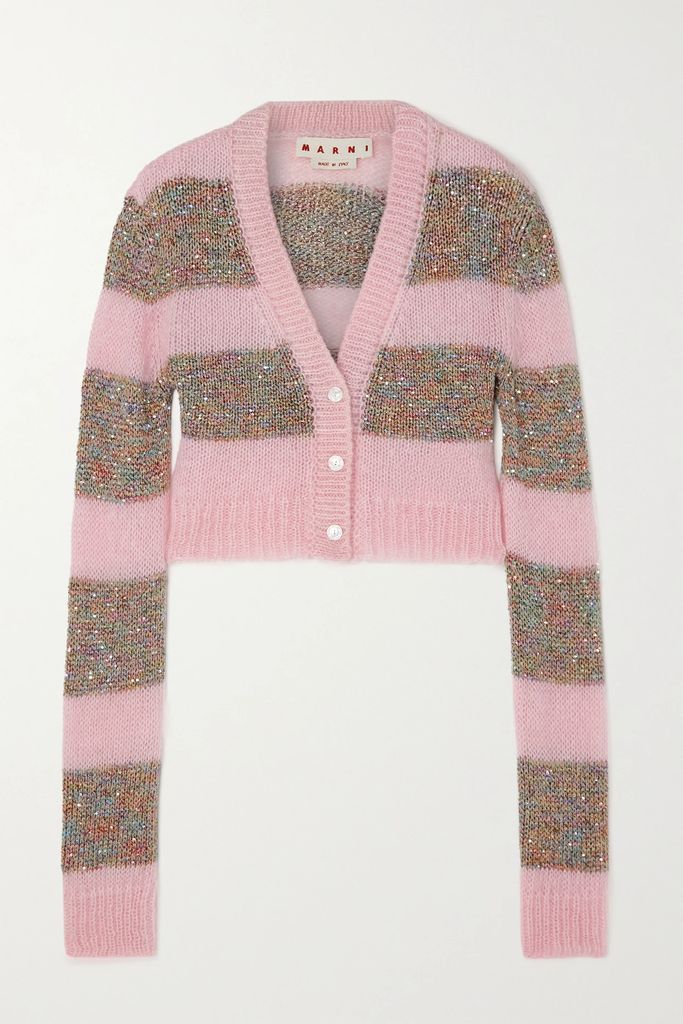 Cropped Sequin-embellished Striped Knitted Cardigan - Pink