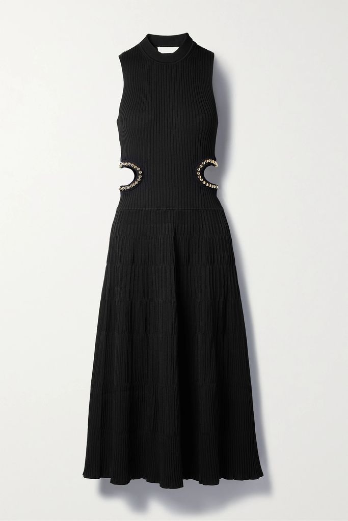 Tommi Bead-embellished Cutout Ribbed-knit Midi Dress - Black