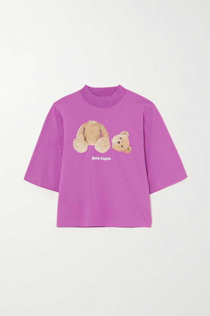 Cropped Printed Cotton-jersey T-shirt - Purple