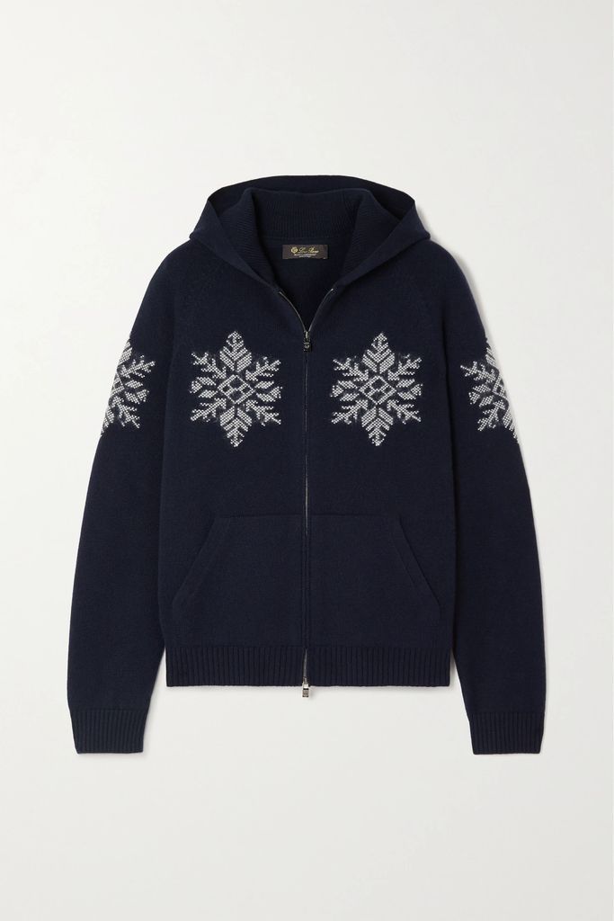Embroidered Cashmere Zip-up Hoodie - Navy