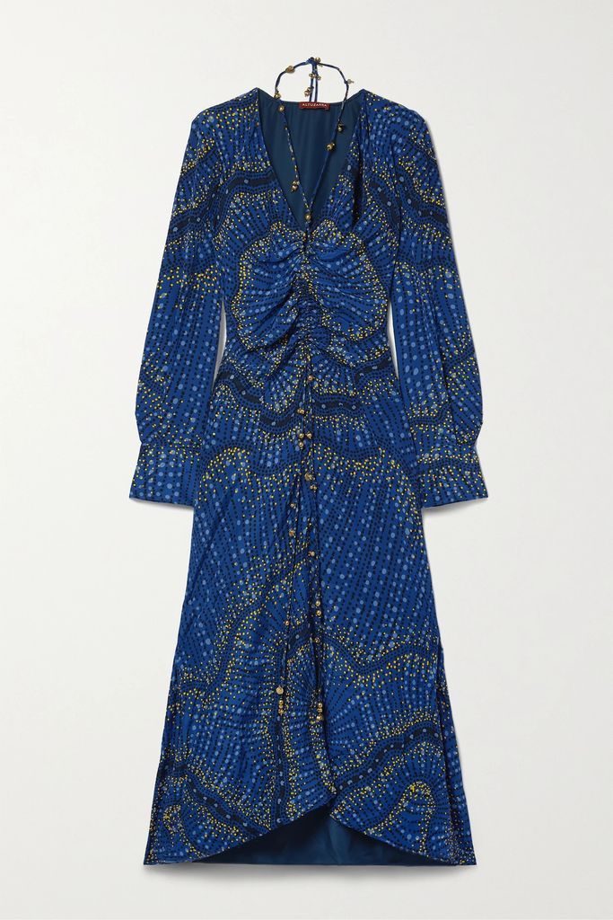Mila Asymmetric Ruched Printed Silk-crepe Dress - Blue