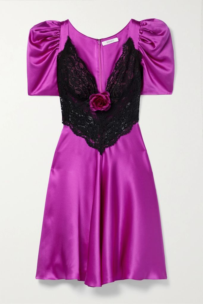 Embellished Silk-satin And Lace Mini Dress - Purple