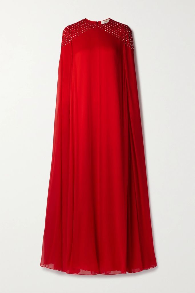 Cape-effect Crystal-embellished Silk-chiffon Gown - Red