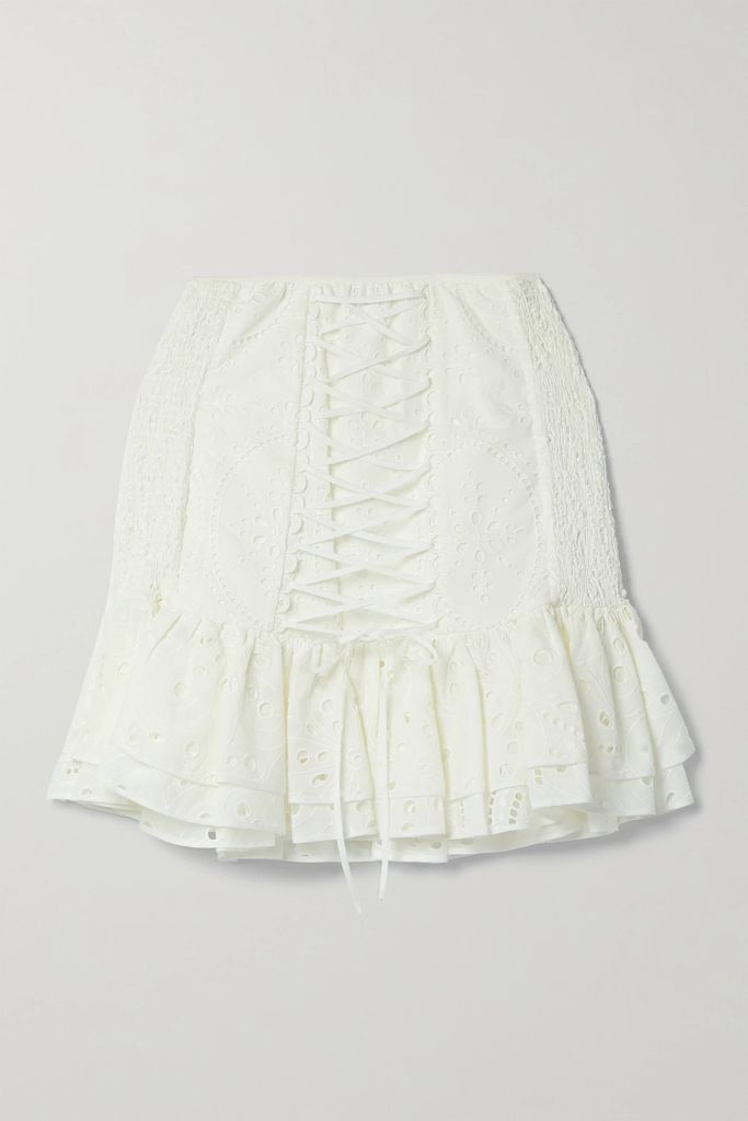 Lucrecia Ruffled Lace-up Broderie Anglaise Cotton Mini Skirt - White