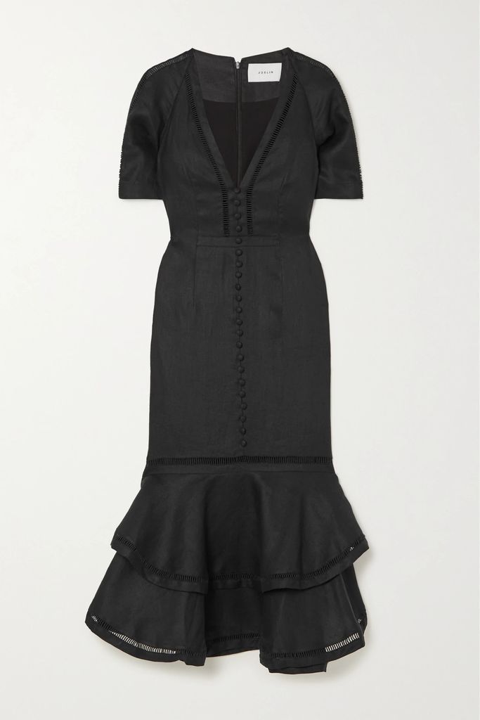 Mavis Ruffled Lace-trimmed Linen-batiste Midi Dress - Black