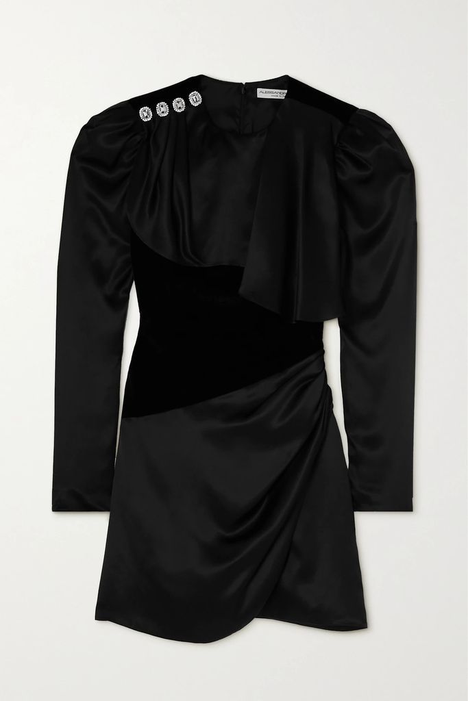 Draped Crystal-embellished Stretch-velvet And Silk-satin Mini Dress - Black