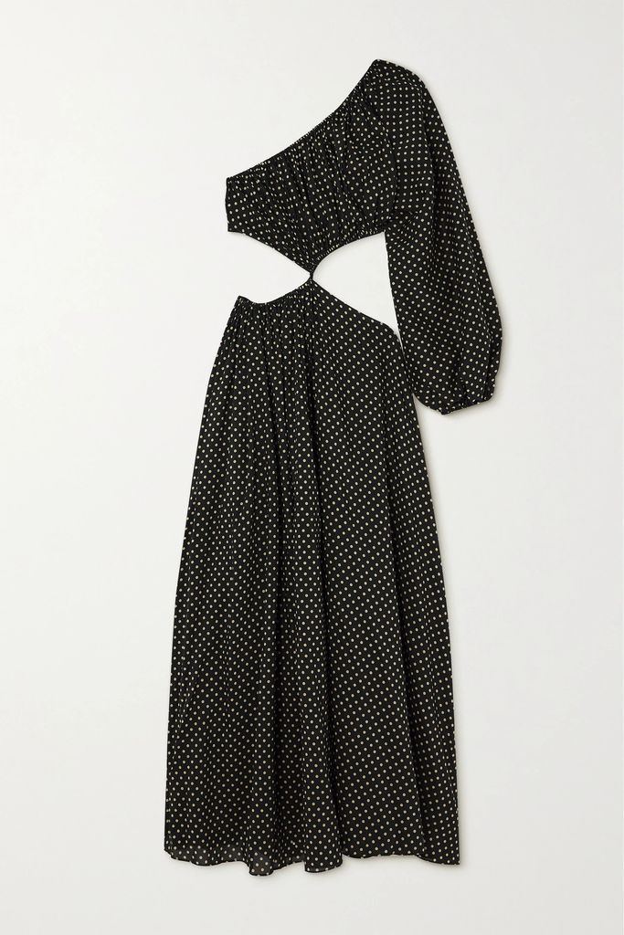 Asymmetric Cutout Polka-dot Cotton And Silk-blend Maxi Dress - Black