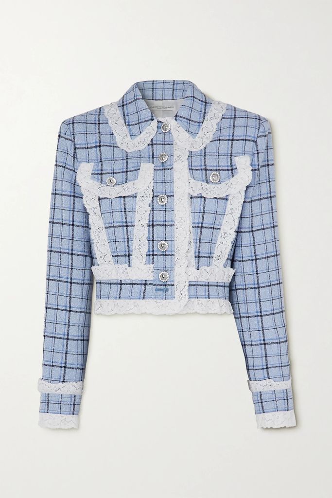Cropped Lace-trimmed Checked Wool-blend Tweed Jacket - Light blue