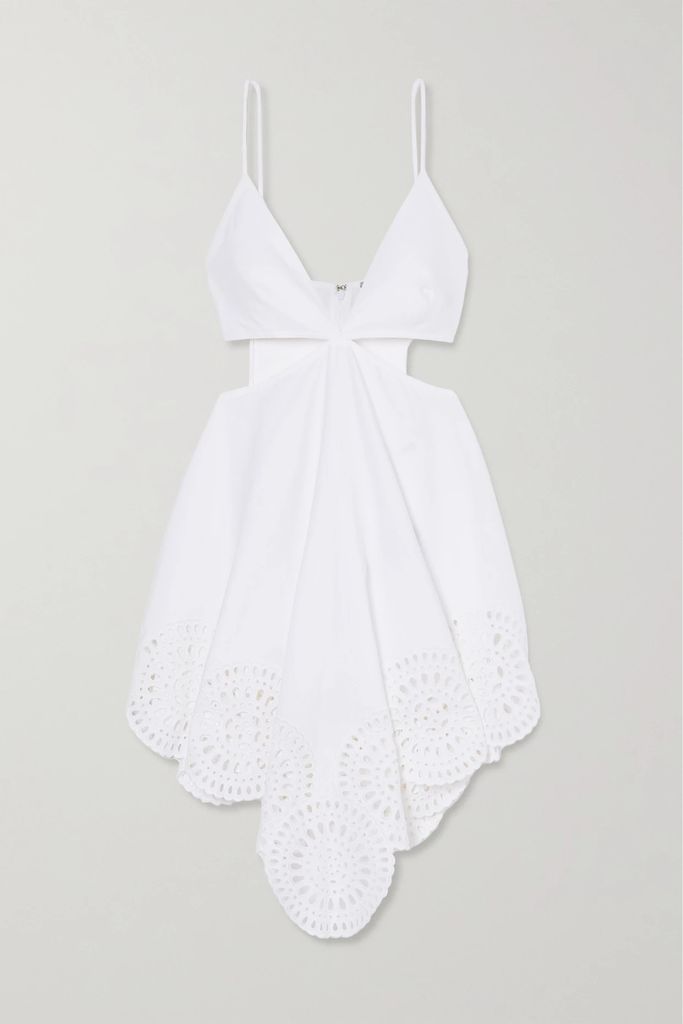 Cutout Asymmetric Broderie Anglaise Poplin Mini Dress - White