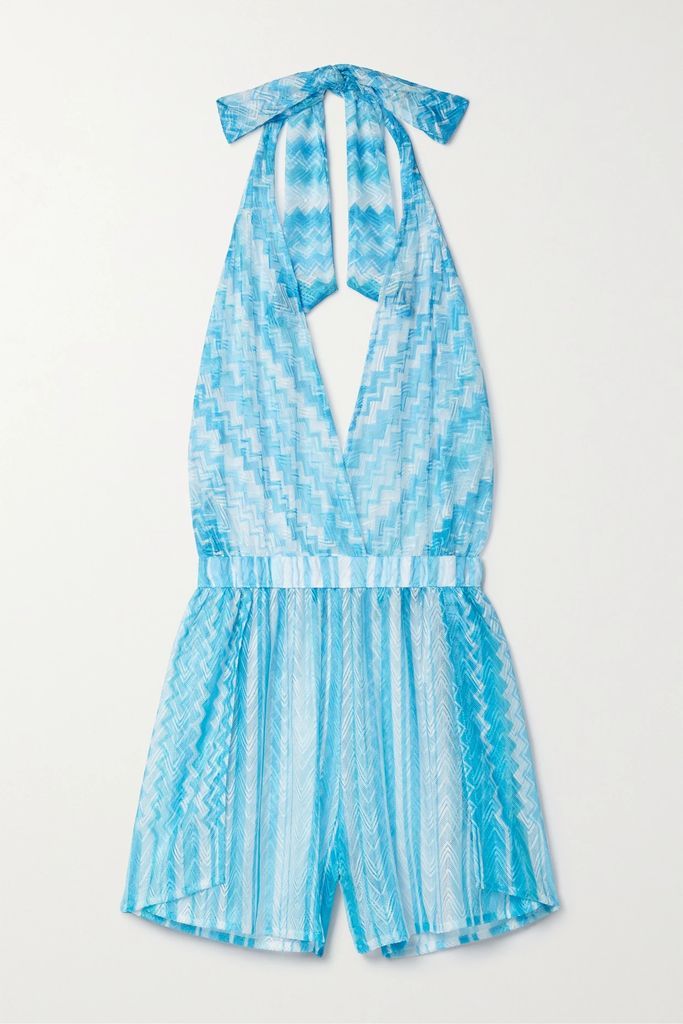 Striped Crochet-knit Halterneck Playsuit - Blue