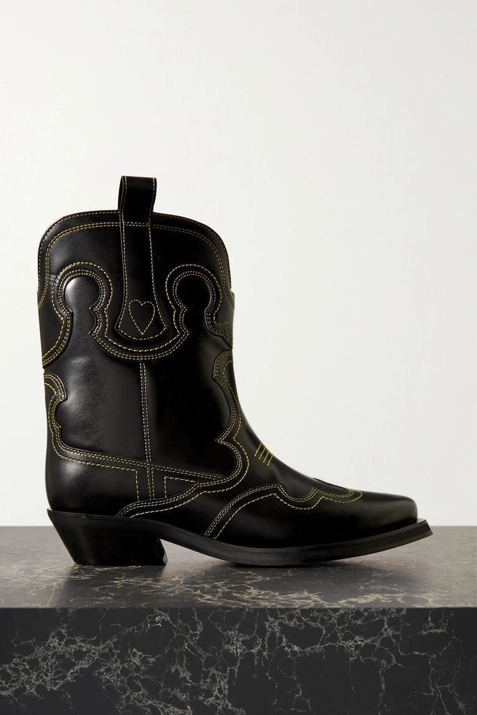 Embroidered Leather Ankle Boots - Black