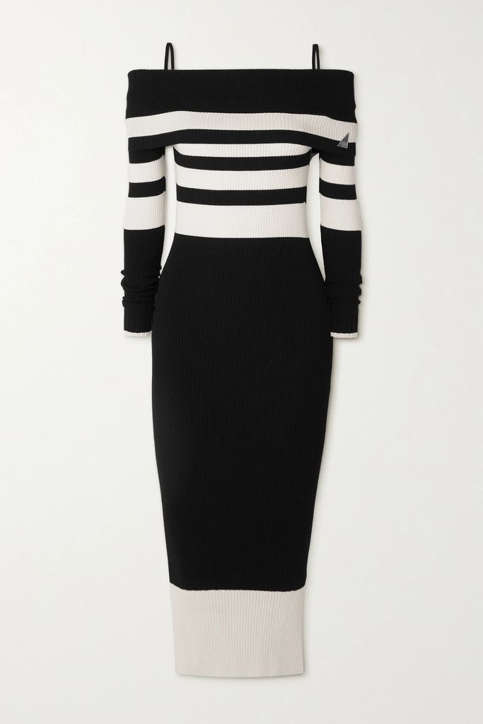 Amilia Cold-shoulder Striped Ribbed-knit Midi Dress - Black
