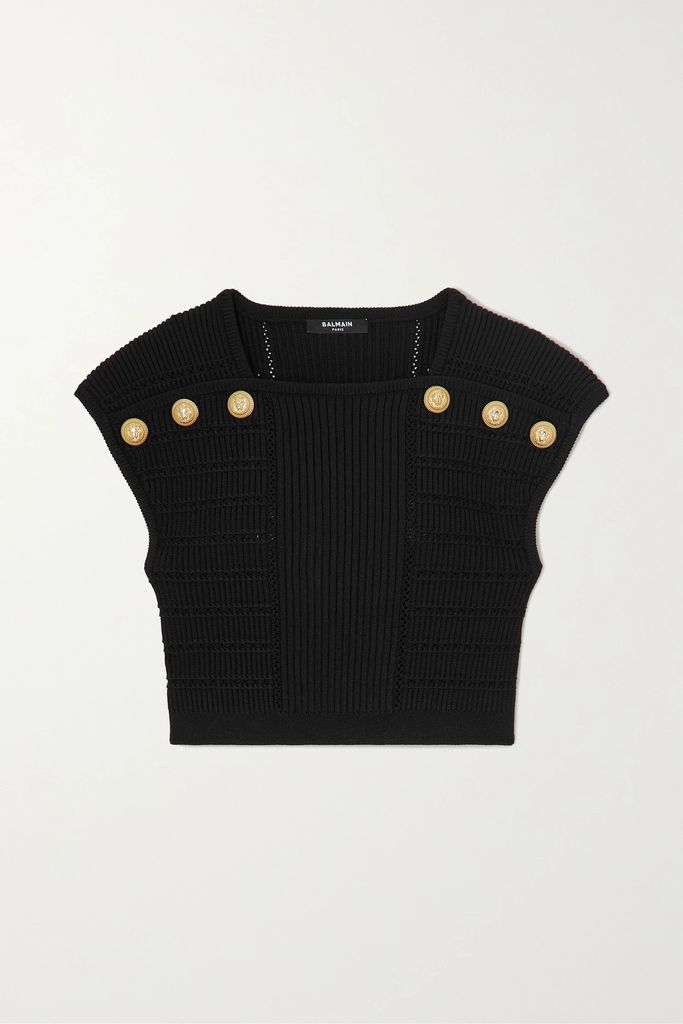 Cropped Button-embellished Ribbed-knit Top - Black