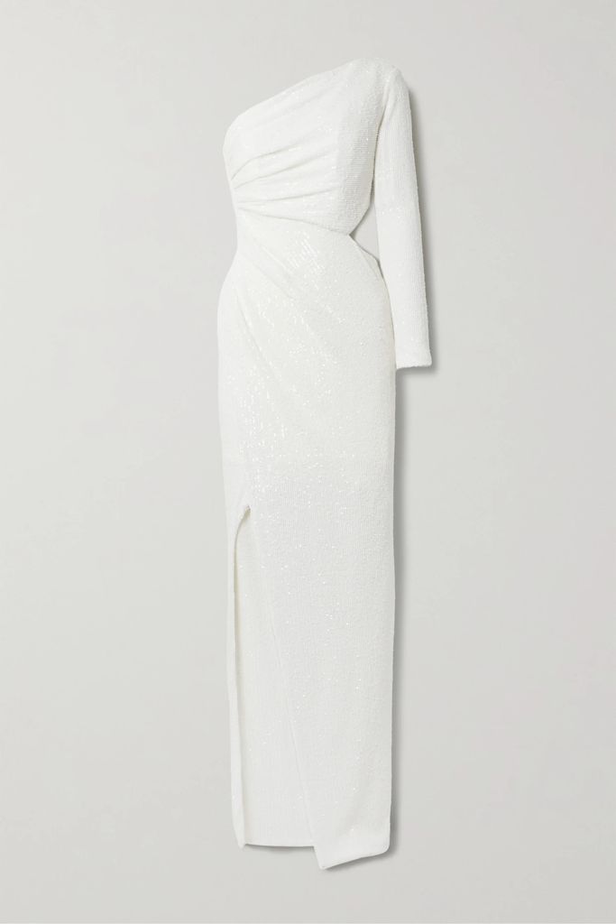 One-shoulder Cutout Sequined Knitted Gown - White