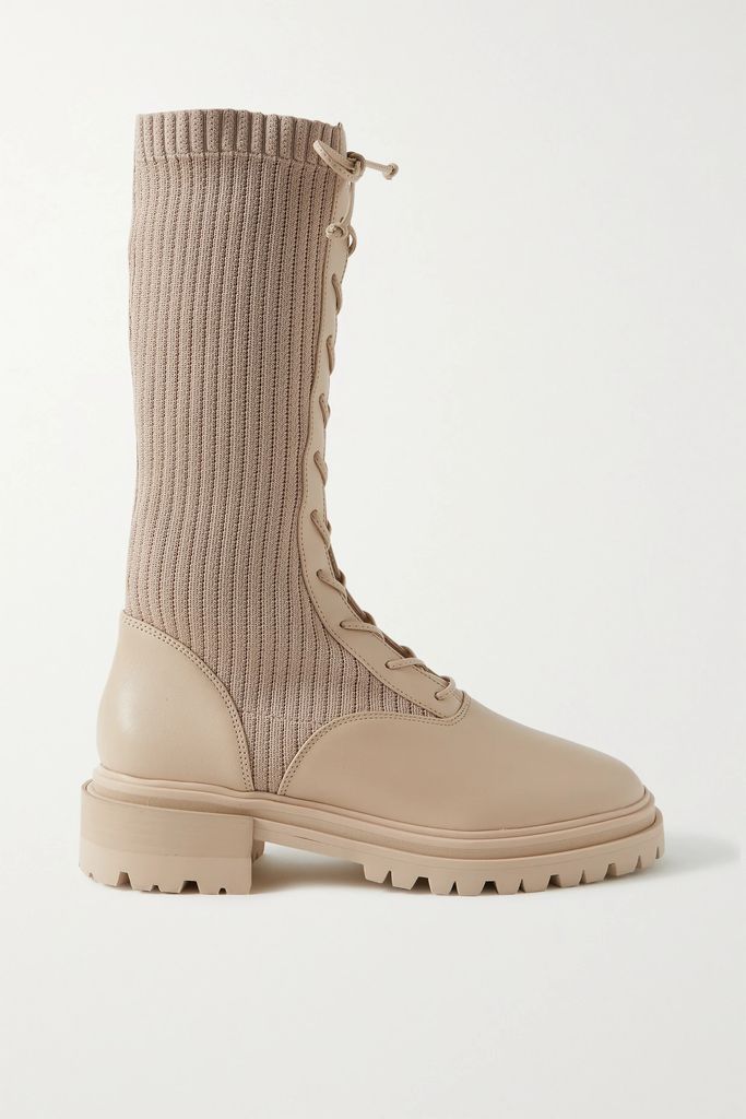 Ribbed-knit And Leather Boots - Beige