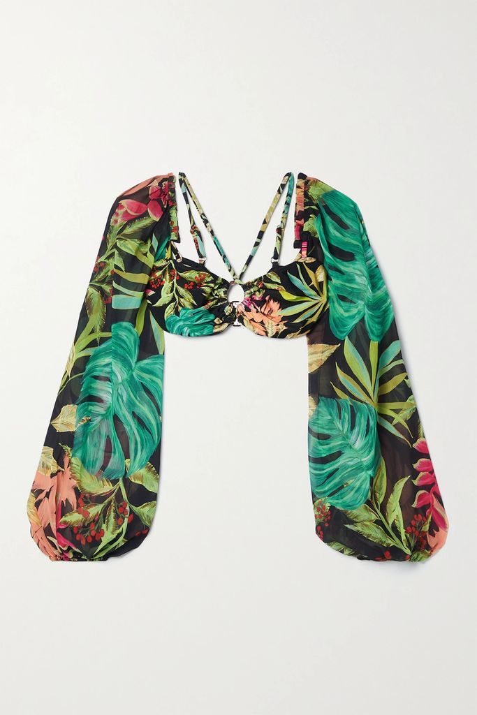 Cropped Floral-print Jersey And Chiffon Top - Black