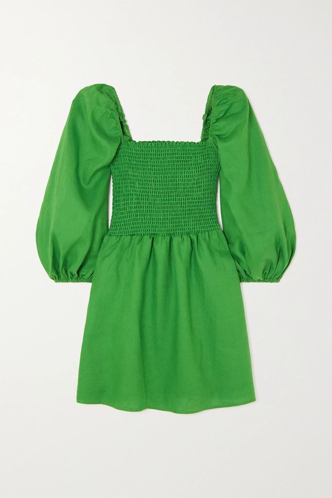 Greyson Shirred Linen Mini Dress - Green
