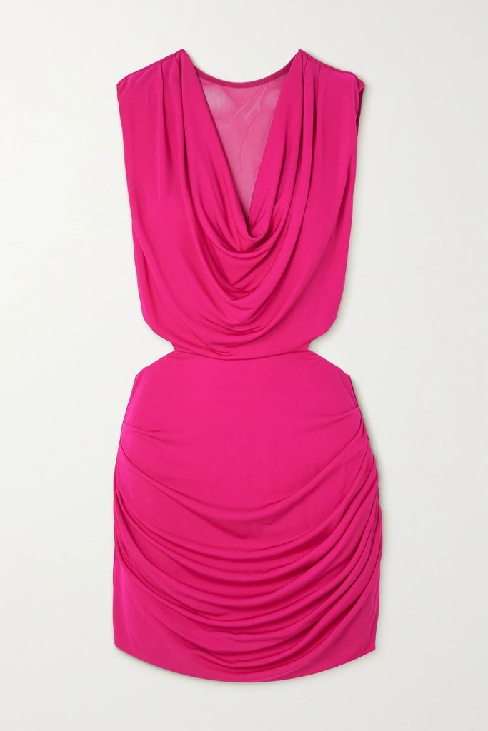 Cutout Draped Mesh-trimmed Jersey Mini Dress - Pink