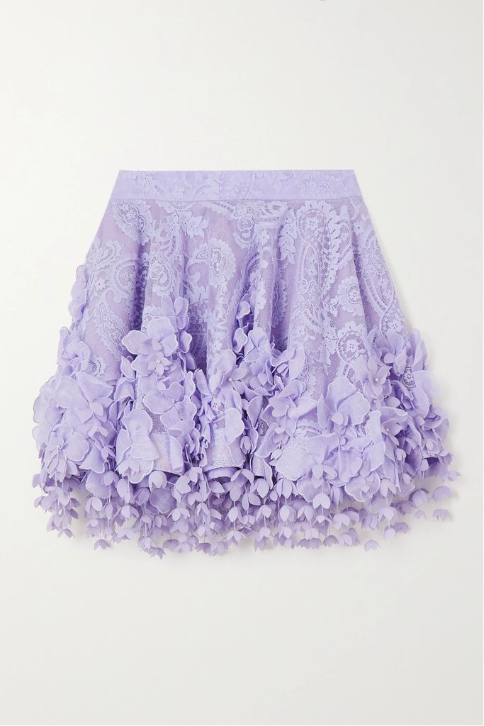 High Tide Embellished Appliquéd Lace Mini Skirt - Lavender