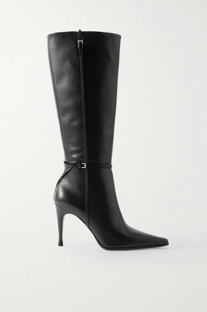 Rena Buckled Leather Knee Boots - Black