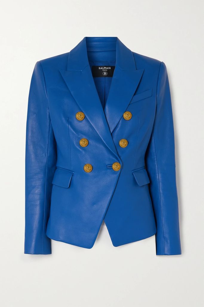 Double-breasted Leather Blazer - Blue