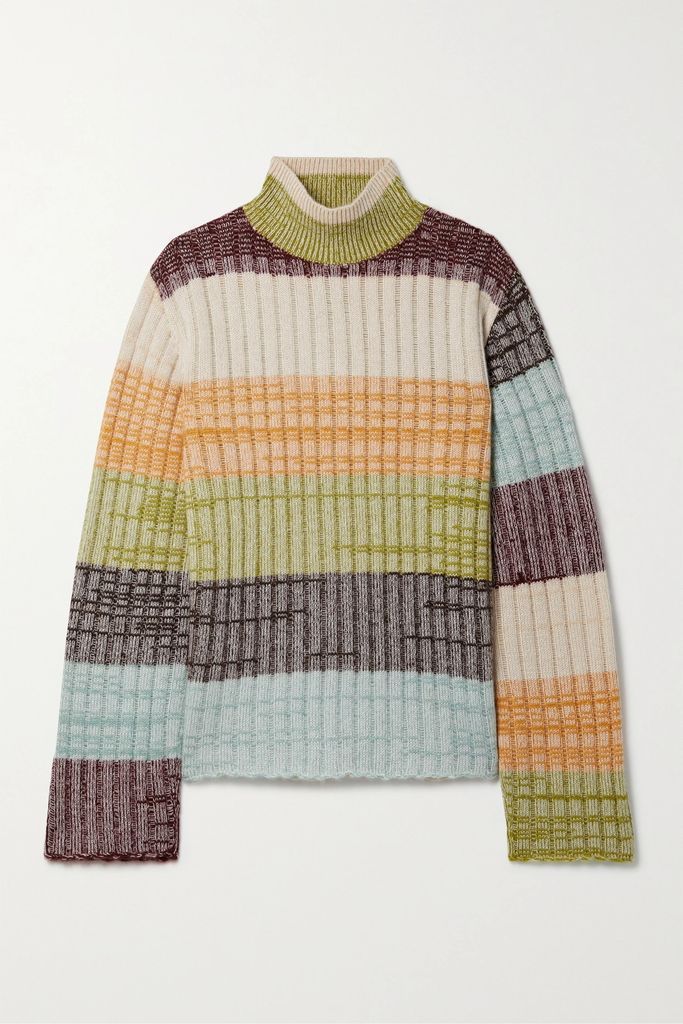 Oasis Striped Ribbed Cashmere Turtleneck Sweater - Green