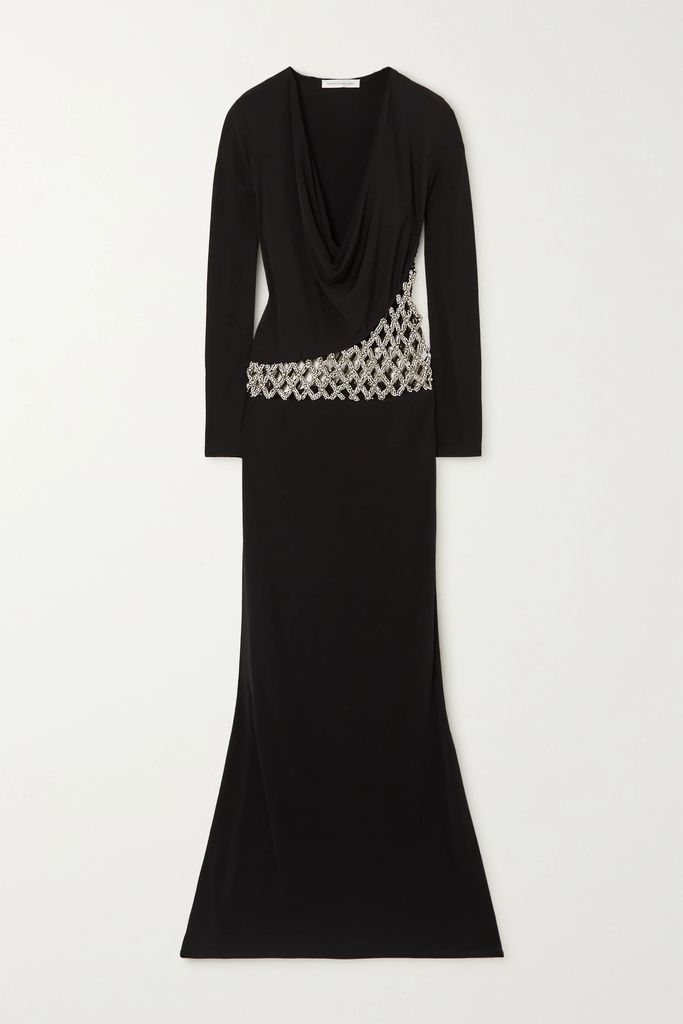Embellished Draped Crepe Maxi Dress - Black