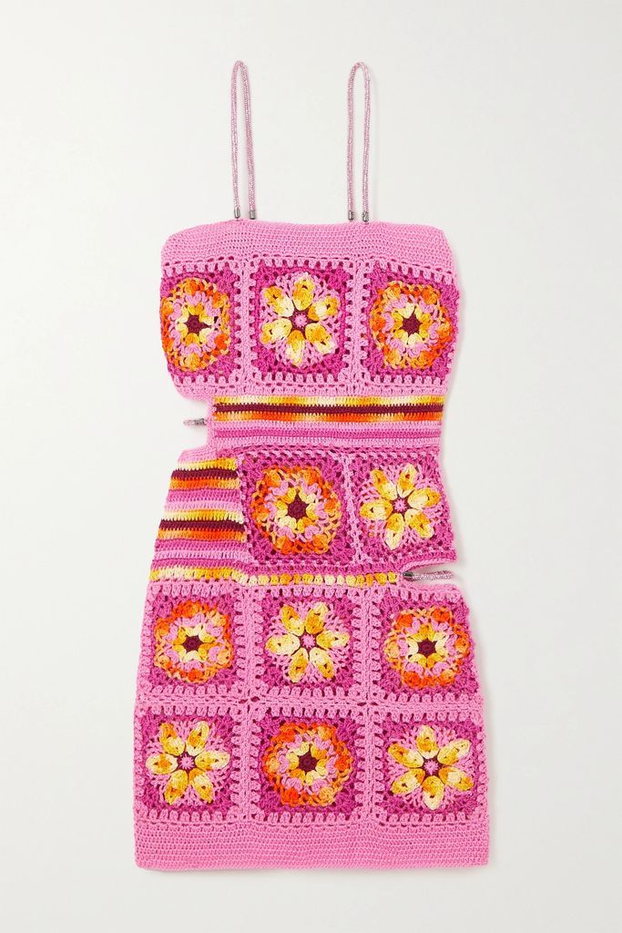 Cutout Crocheted Cotton Mini Dress - Pink