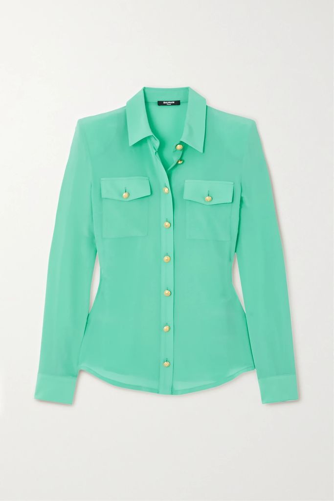 Button-embellished Silk Crepe De Chine Shirt - Turquoise