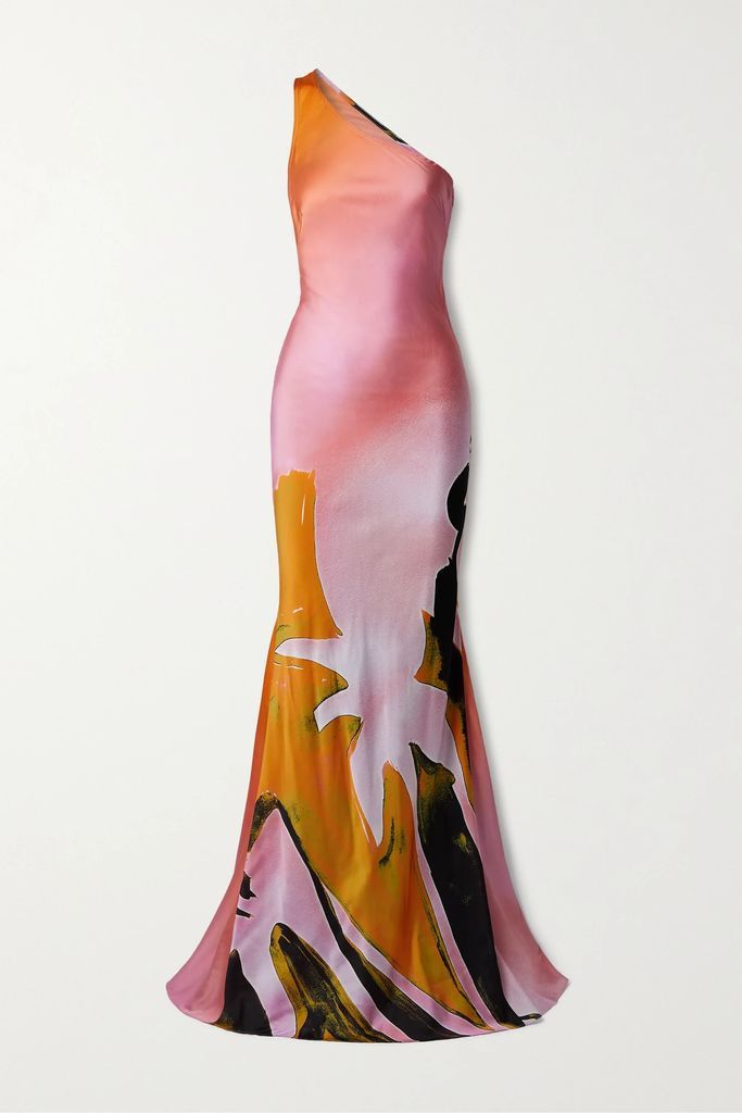 One-shoulder Printed Stretch Silk-blend Charmeuse Maxi Dress - Pink