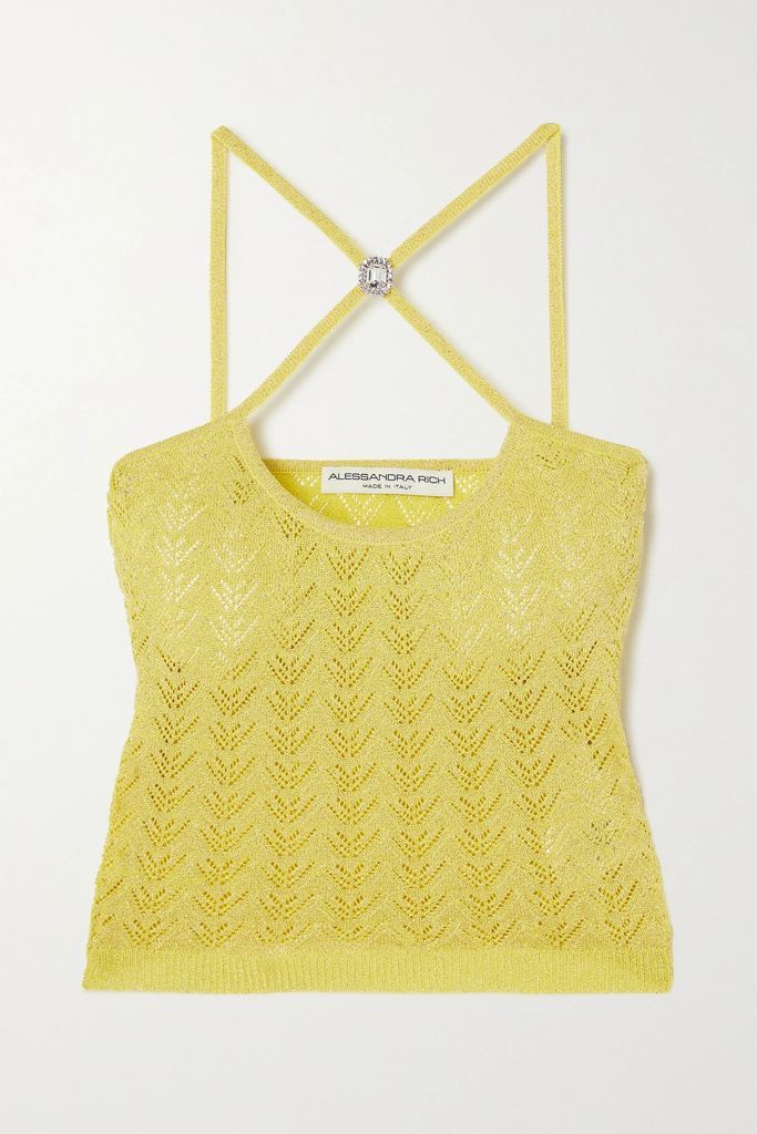 Cropped Embellished Metallic Pointelle-knit Top - Yellow
