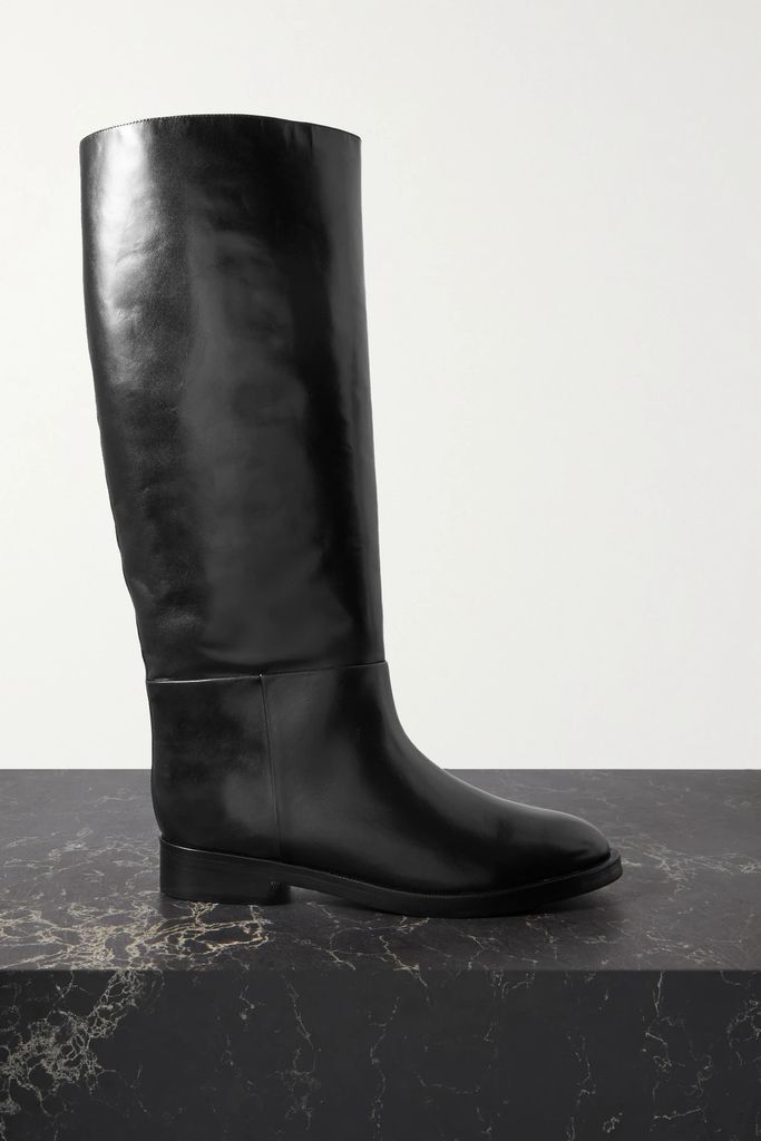 Glossed-leather Knee Boots - Black