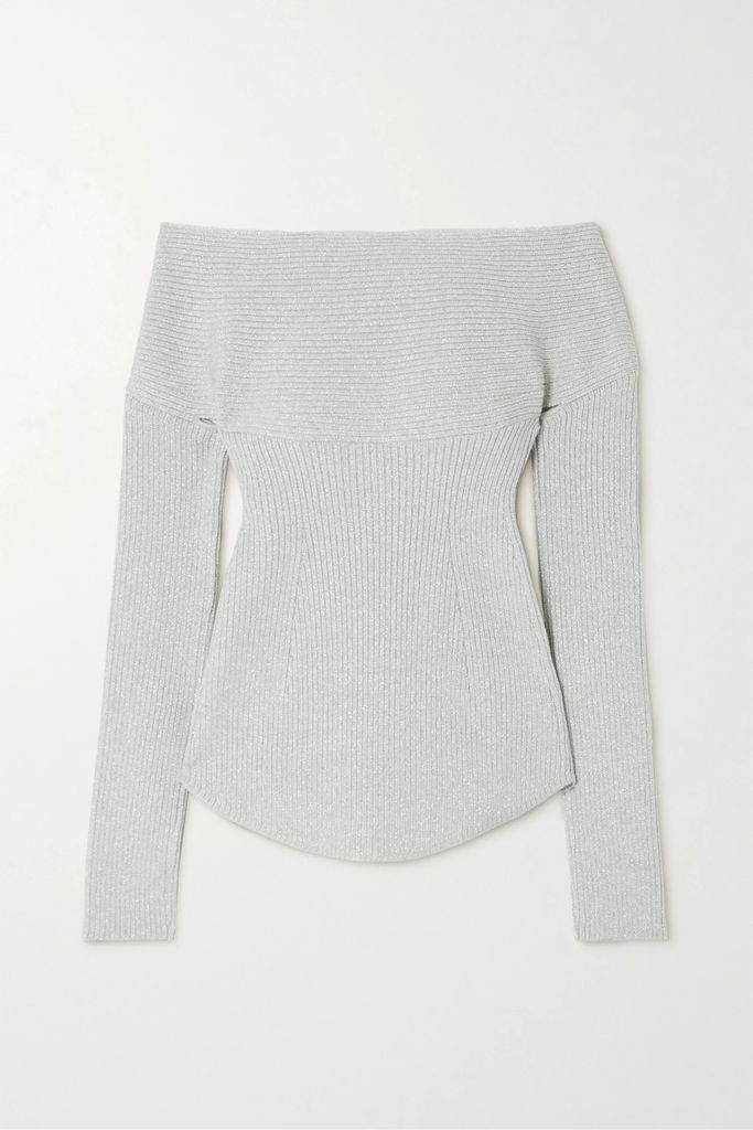 Salma Off-the-shoulder Cutout Metallic Ribbed-knit Top - Light gray