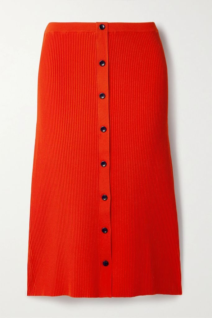 Ribbed-knit Midi Skirt - Bright orange